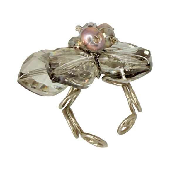 Glass Flower Statement Ring Sz 7 Bead Silver Cottagecore - Picture 14 of 15